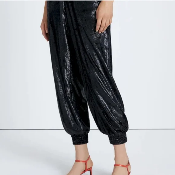 7 For All Mankind Luxe Jogger in Black Shine Size M  Festive Shiny Party Pant - Picture 3 of 14